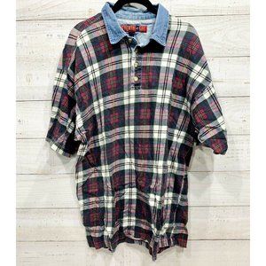 Vintage Polo Shirt Plaid With Denim Collar Men’s Size Large Casual 3 Button